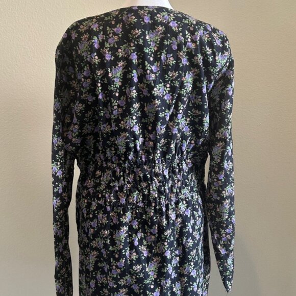 Zara Dress Womens Black Purple Floral Mini Long Sleeve Deep V Cotton Cottage XXL - Picture 3 of 8
